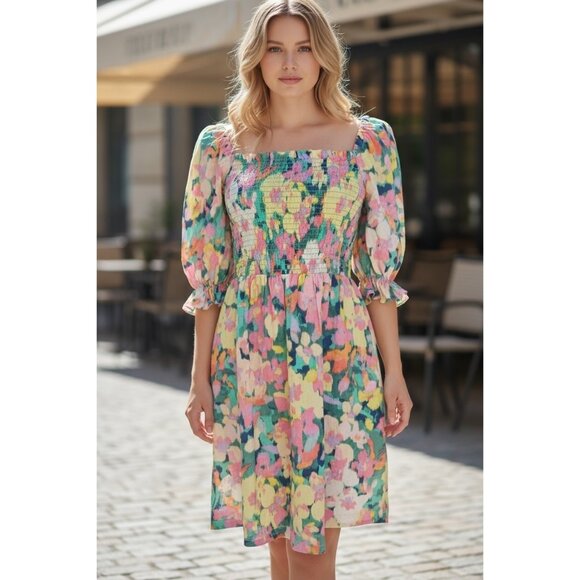 GAP Dresses & Skirts - GAP Floral Smocked Dress Medium‎ Linen Cotton Puff Sleeve Colorful Party Cottage